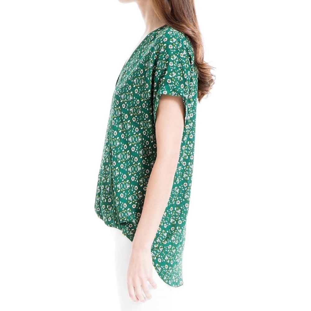 Max Studio Crepe Faux Wrap Short Sleeve Top, Green Floral - Size S - Picture 3 of 10